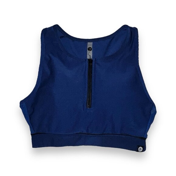 Gottex Studio Navy Zip Front Sports Bra Size S Racerback 88 Logo Activewear Gym - Picture 1 of 15